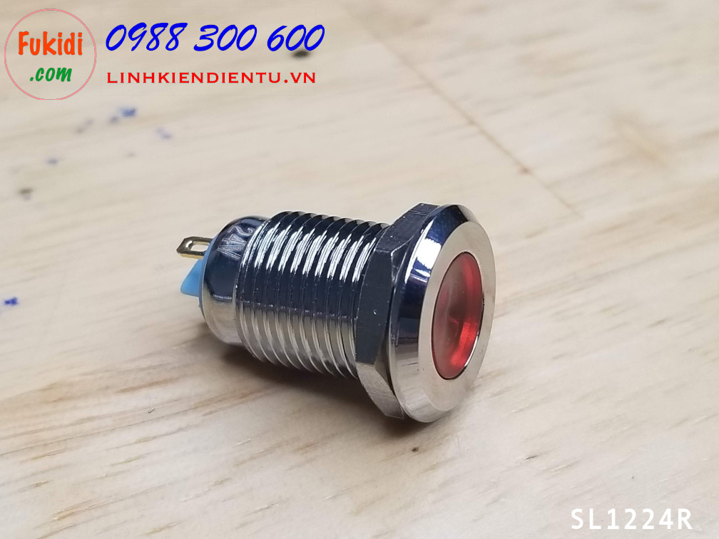 Đèn LED báo nguồn 24V, phi 12mm vỏ kim loại màu đỏ SL1224R