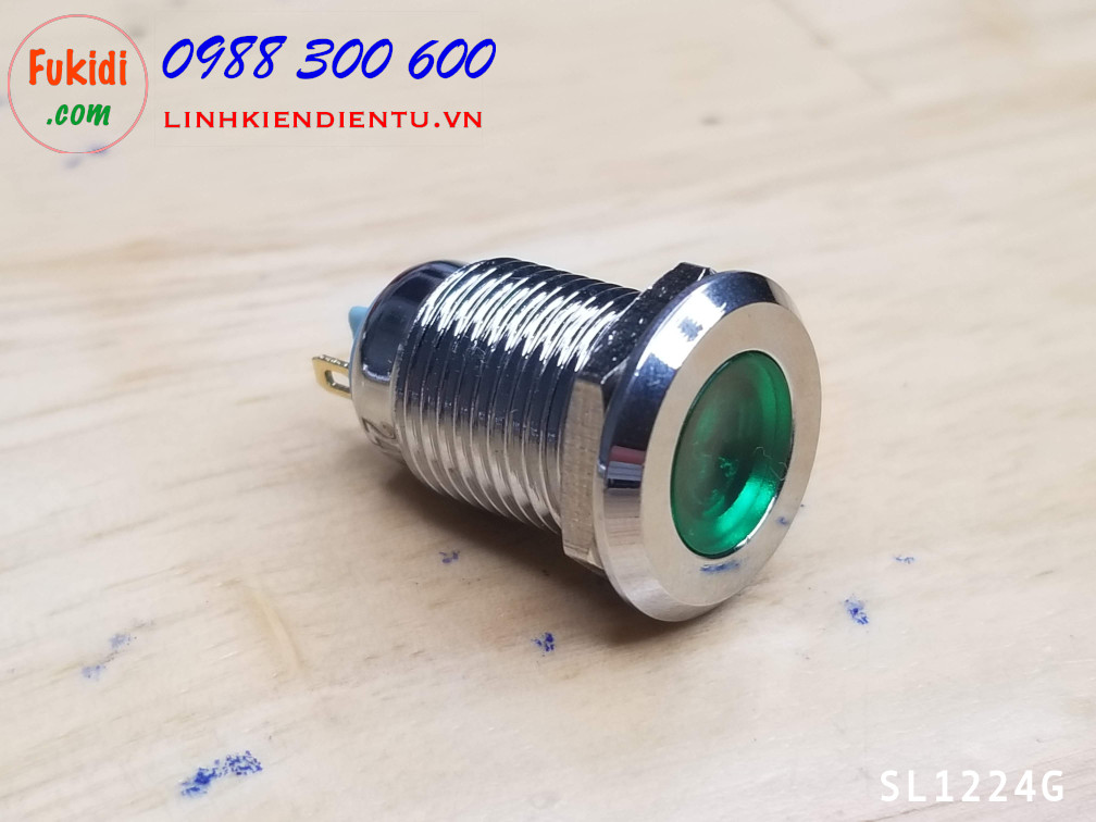 Đèn báo phi 12mm 220V vỏ kim loại sáng màu xanh lục SL12220B