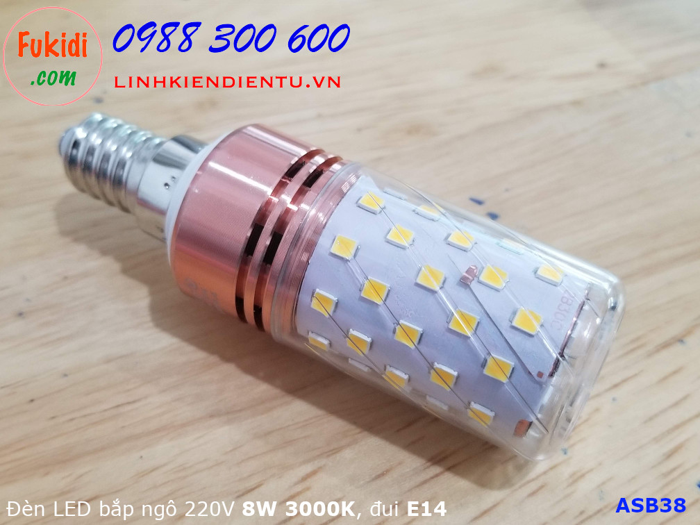 Đèn LED chiếu sáng dạng bắp ngô 220V 8W, màu sắc vàng ấm 3000K , đui kiểu vặn E14 