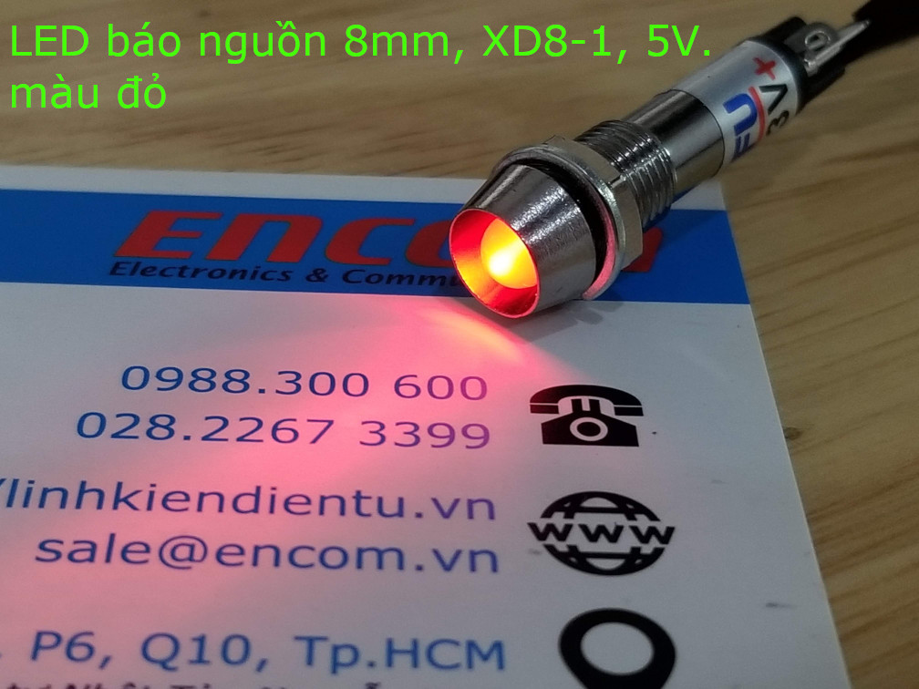 XD8-1 đèn LED báo nguồn 5v, vỏ kim loại, phi 8mm, màu đỏ
