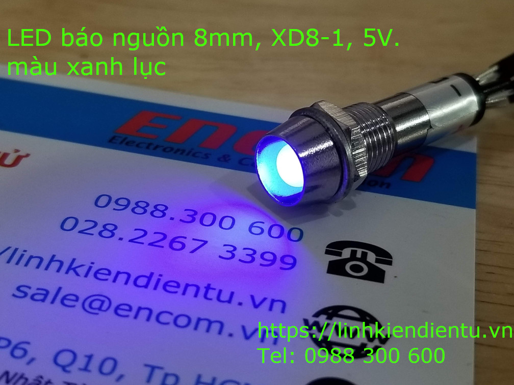 XD8-1 đèn LED báo nguồn 5v, vỏ kim loại, phi 8mm, màu xanh lục