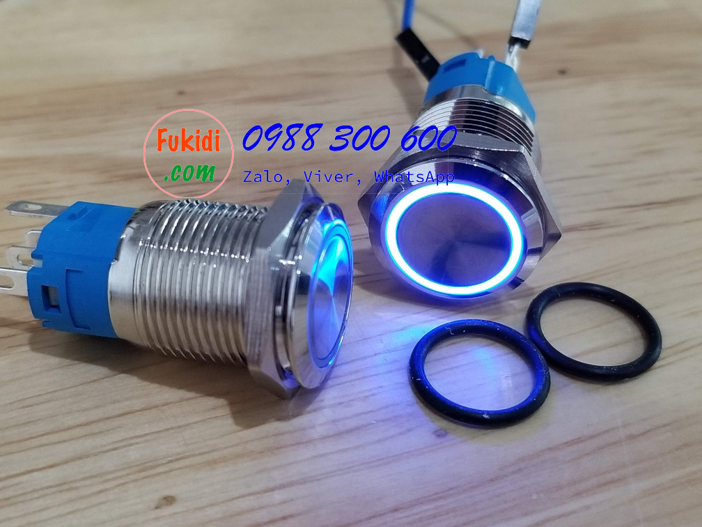 BN1624LB Nút nhấn giữ có đèn, vỏ inox, phi 16mm, 24v đèn LED màu xanh lục