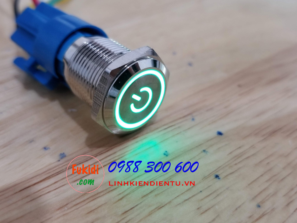 BN1624PG Nút nhấn nhả vỏ kim loại phi 16mm, điện áp 24V, chống thấm nước, đèn hình biểu tượng nguồn màu xanh lá