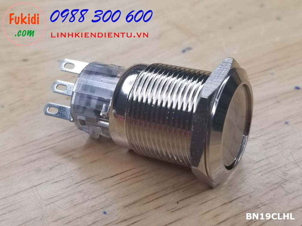 Nút nhấn giữ vỏ kim loại 19mm, đế trong suốt, đầu nút lồi 5A 250V BN19CLHL