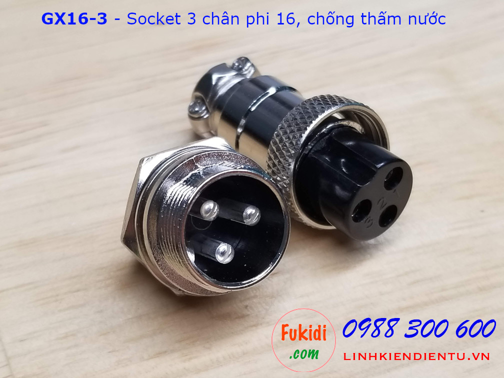 GX16-3 socket ra ba dây, đầu hàn chì, chống thấm, phi 16mm