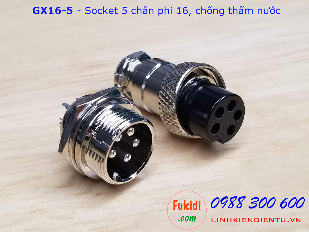 GX16-5 socket ra năm dây, đầu hàn chì, chống thấm, phi 16mm