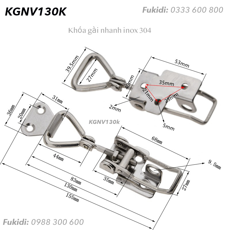 Khóa gài inox 304, tay kéo đa hướng, dài 130mm có khoen khóa - KGNV130K