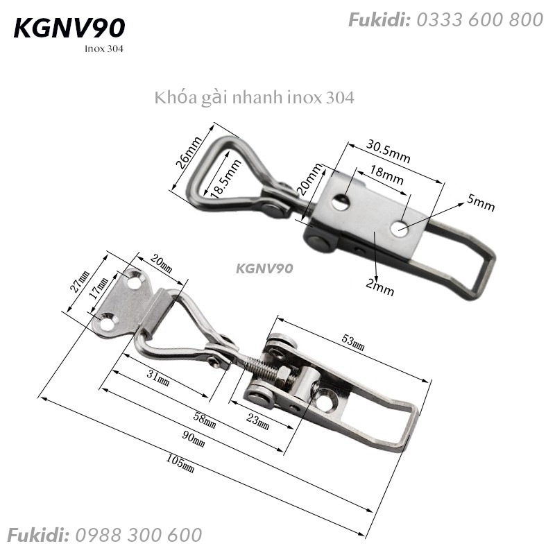 Khóa gài nhanh inox 304, tay kéo xoay, điều chỉnh độ dài - KGNV90 