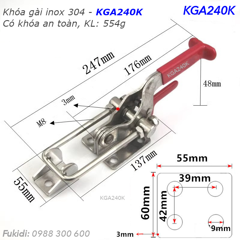 Khóa gài nhanh, cam kẹp có khóa an toàn, inox 304, dài 247mm - KGA240K