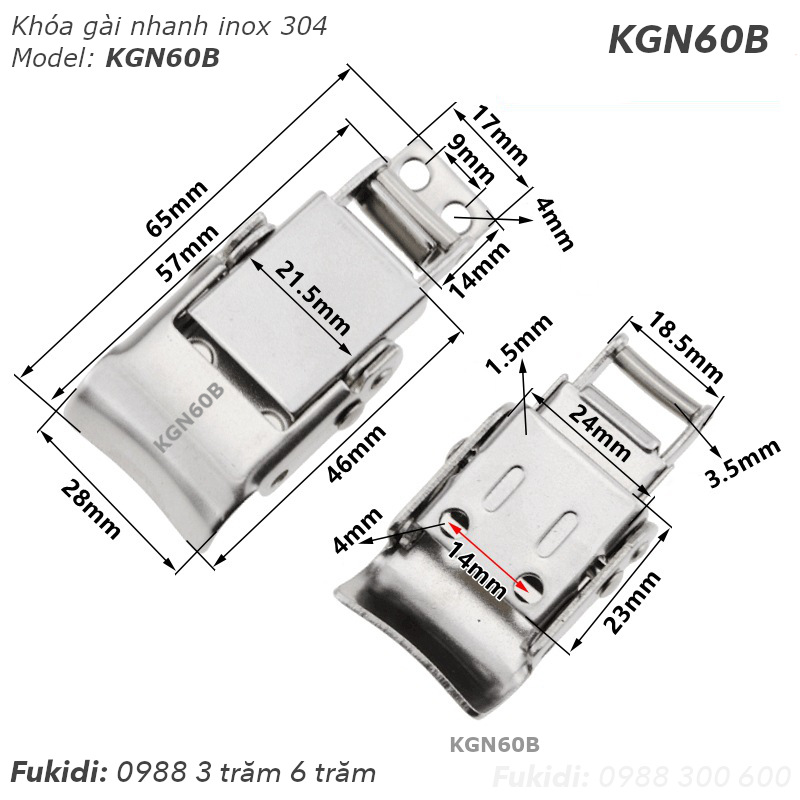 Khóa gài nhanh inox 304 KT 28x57mm - KGN60B