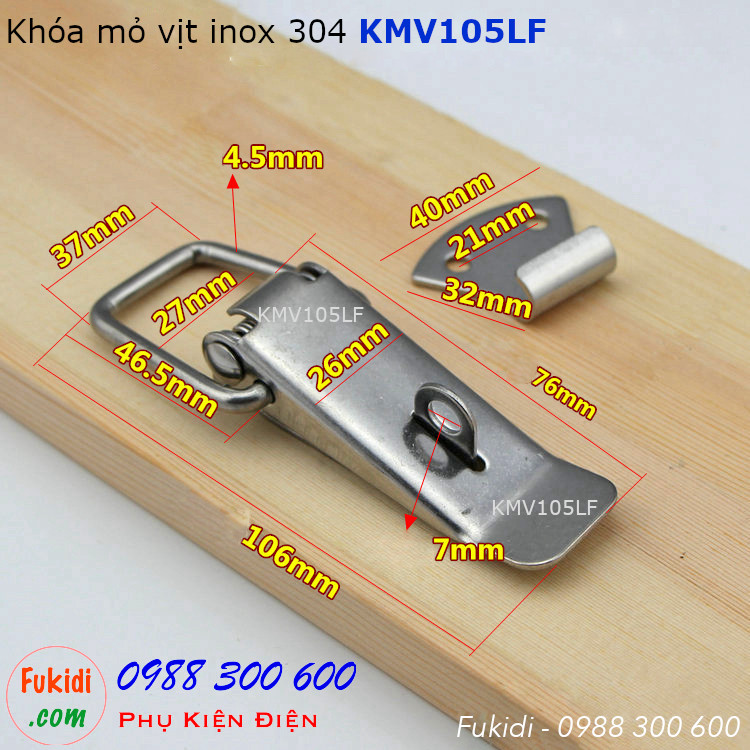 Khóa mỏ vịt có khoen khóa, khóa gài inox 304, KT 106x37mm - KMV105LF