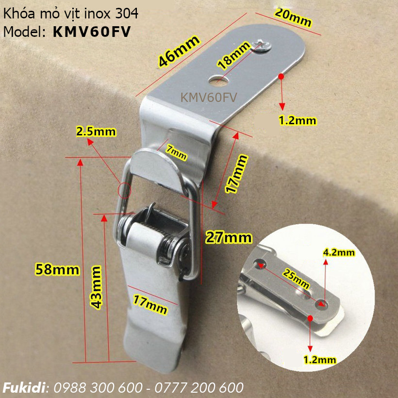 Khóa mỏ vịt, khóa gài hộp cạnh góc vuông inox 304 KT 17x58mm - KMV60FV