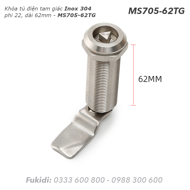 Khóa tủ điện inox 304, phi 22 dài 62mm đầu tam giác - MS705-62TG