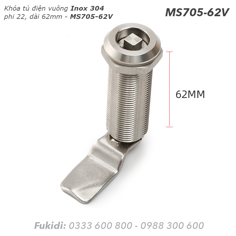 Khóa tủ điện inox 304, phi 22 dài 62mm đầu vuông - MS705-62V