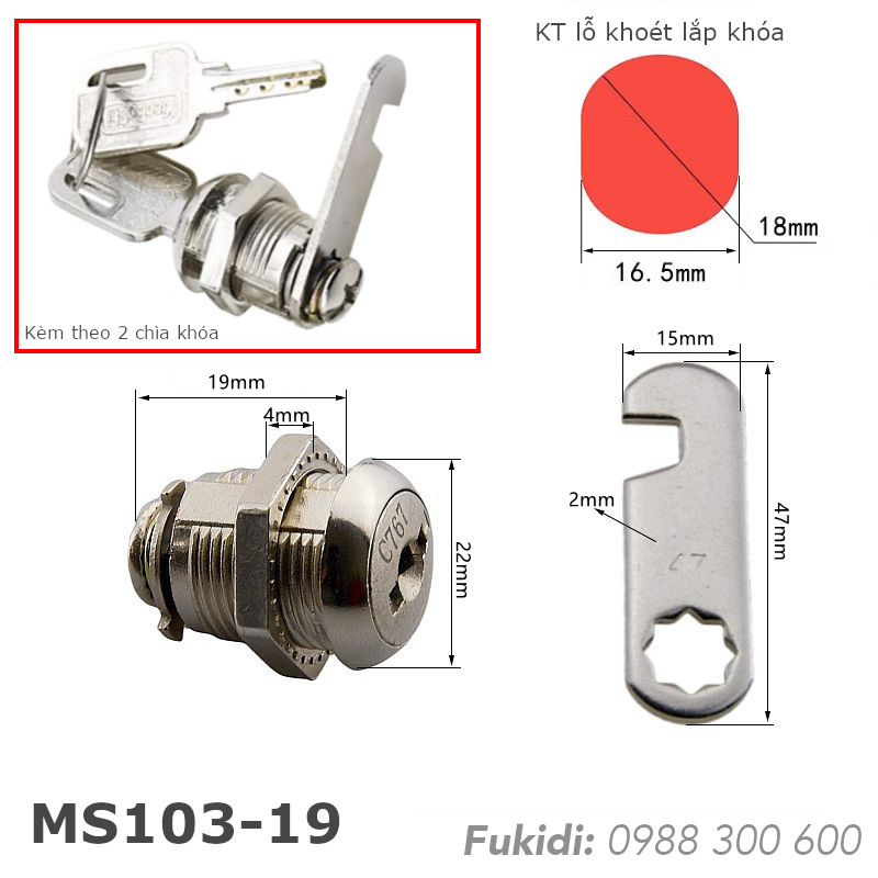 Khóa tủ MS103-19 phi 18 dài 19mm, có chìa khóa, dùng cho cả tủ gỗ và tủ kim loại