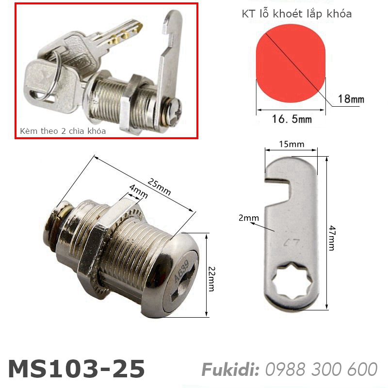 Khóa tủ MS103-25 phi 18 dài 25mm, có chìa khóa, dùng cho cả tủ điện và tủ gỗ