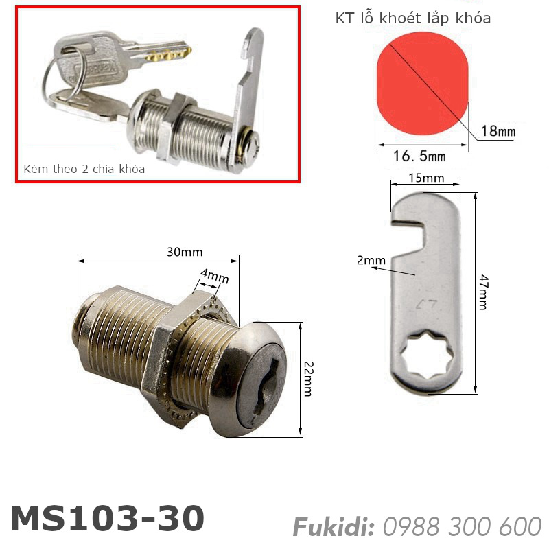 Khóa tủ MS103-30 phi 18 dài 30mm, có chìa khóa, dùng cho cả tủ điện và tủ gỗ