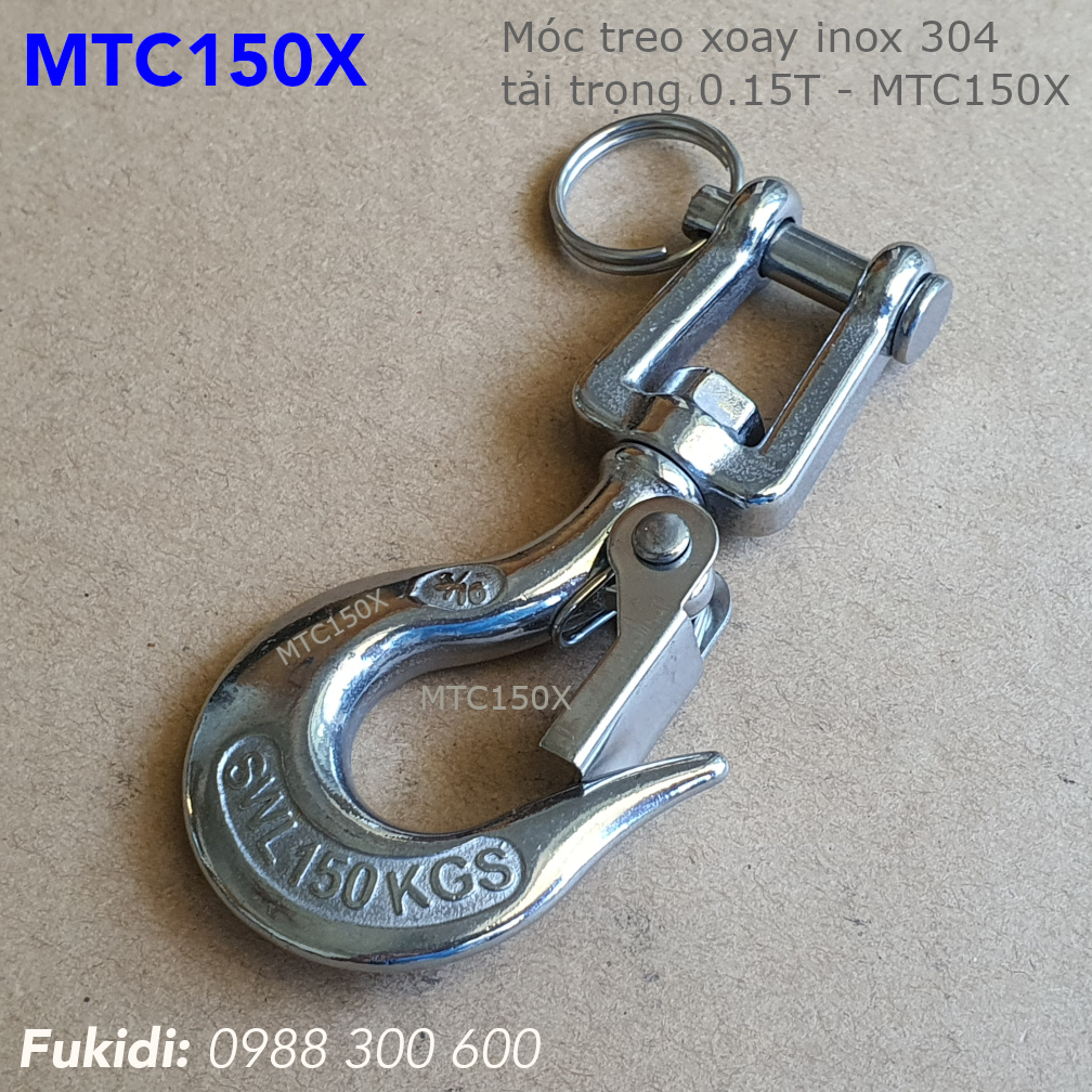 Móc cẩu inox 304 tải trọng 150kg trục xoay tròn, dùng cáp 11mm - MTC150X