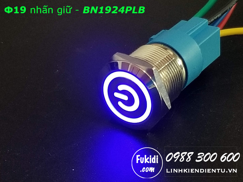 Nút nhấn giữ Φ19 đèn hình logo nguồn màu xanh dương, áp 12-24V - BN1924PLB