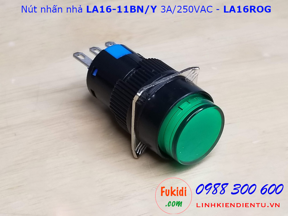 Nút nhấn nhả LA16-11BN/Y 3A/250VAC phi 16mm, tròn màu xanh - LA16ROG