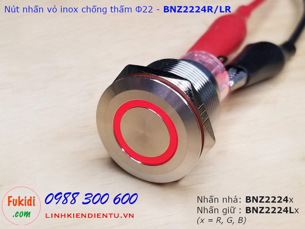 Nút nhấn nhả Φ22mm vỏ inox chống thấm có đèn đỏ điện áp 12-24v BNZ2224R