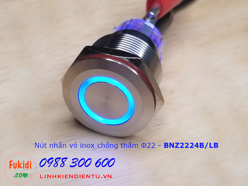 Nút nhấn nhả Φ22mm vỏ inox chống thấm có đèn xanh dương điện áp 12-24v BNZ2224B