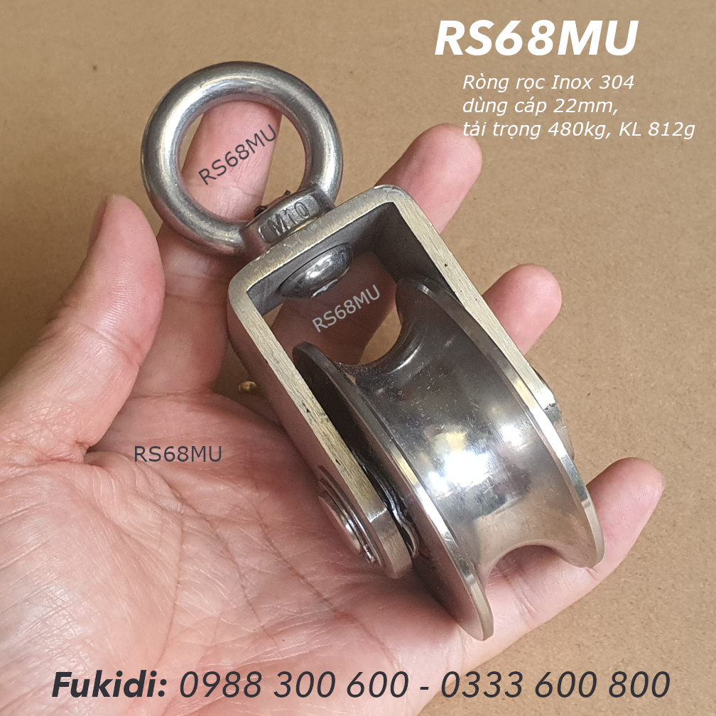 Ròng rọc inox 304, chạy cáp 6-22mm, tải 480kg - RS68MU 