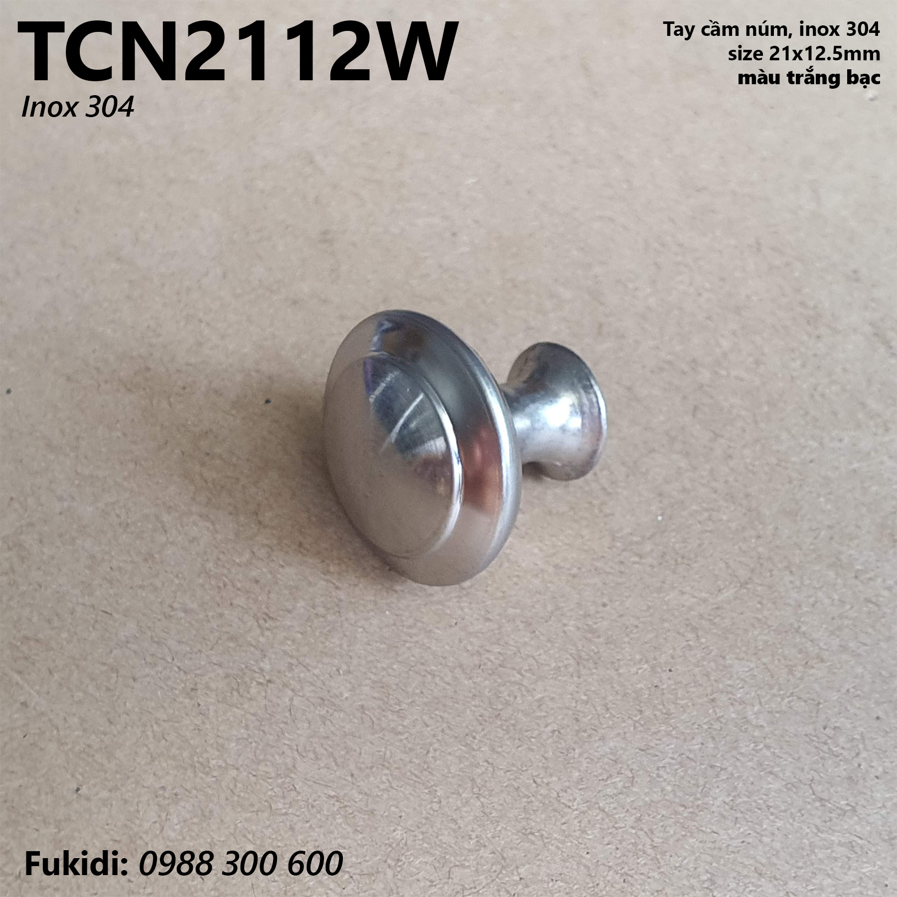 Tay cầm núm, tay nắm tròn size 21x12,5mm, chất liệu inox 304 màu trắng - TCN2112W