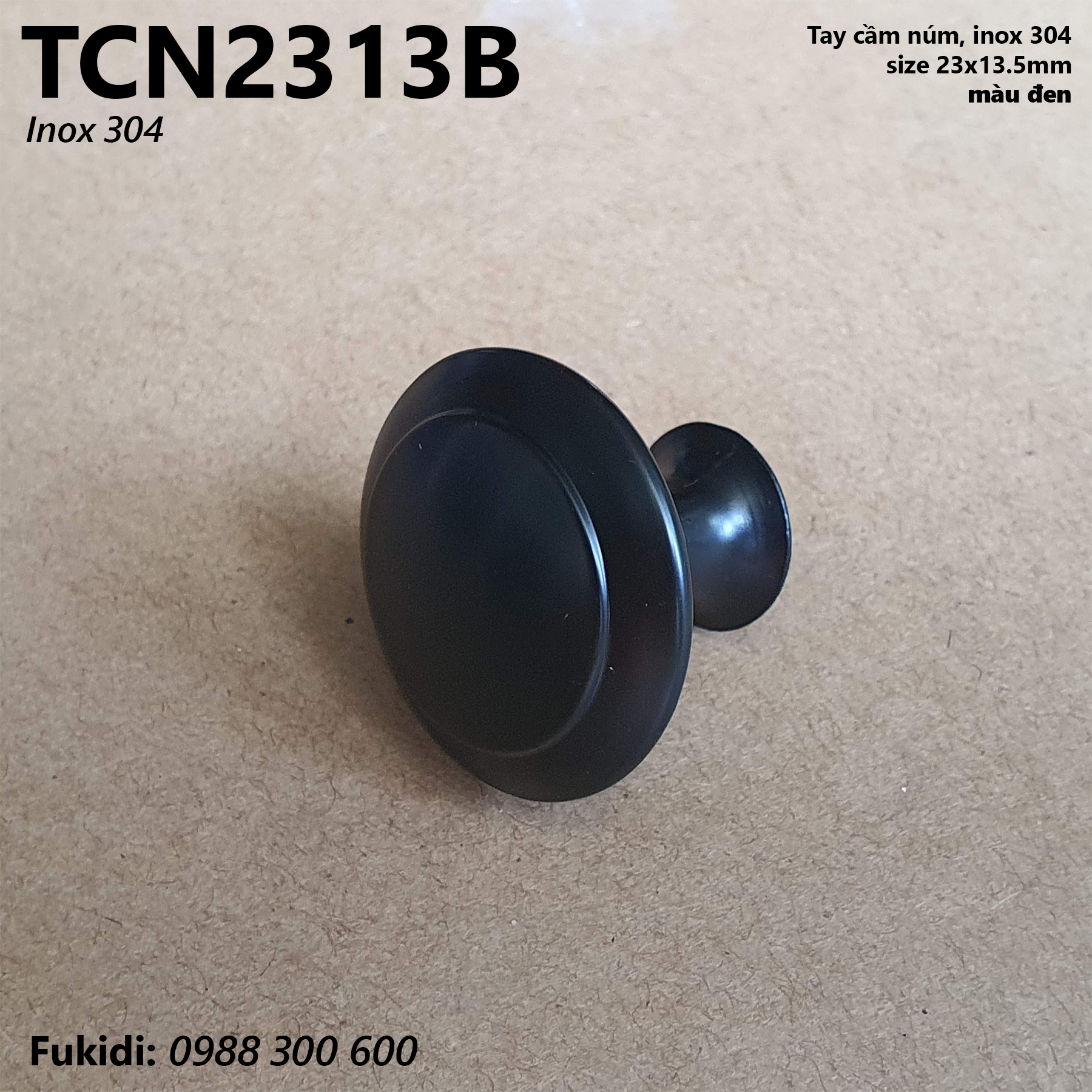 Tay cầm núm, tay nắm tròn size 23x13,5mm, chất liệu inox 304 màu đen - TCN2313B