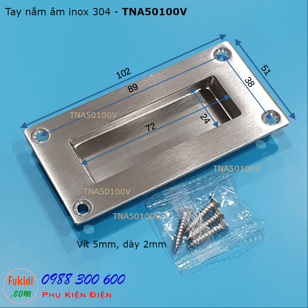 Tay nắm âm inox 304 KT 51x102mm, dùng làm tay nắm hộc kéo cho tủ gỗ - TNA50100V