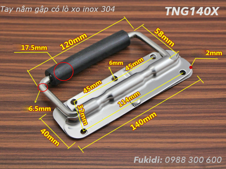 Tay nắm gập có lò xo inox 304, KT 40x140mm - TNG140X