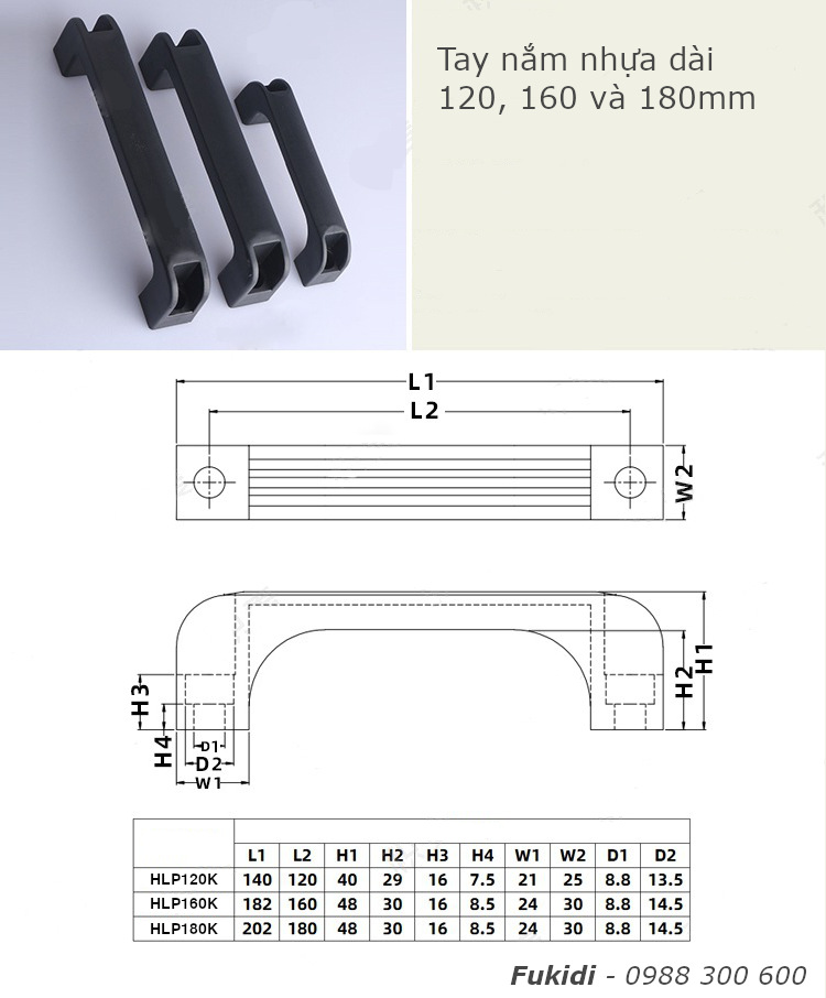 Tay nắm nhựa chữ D màu đen dài 180mm - HLP180K