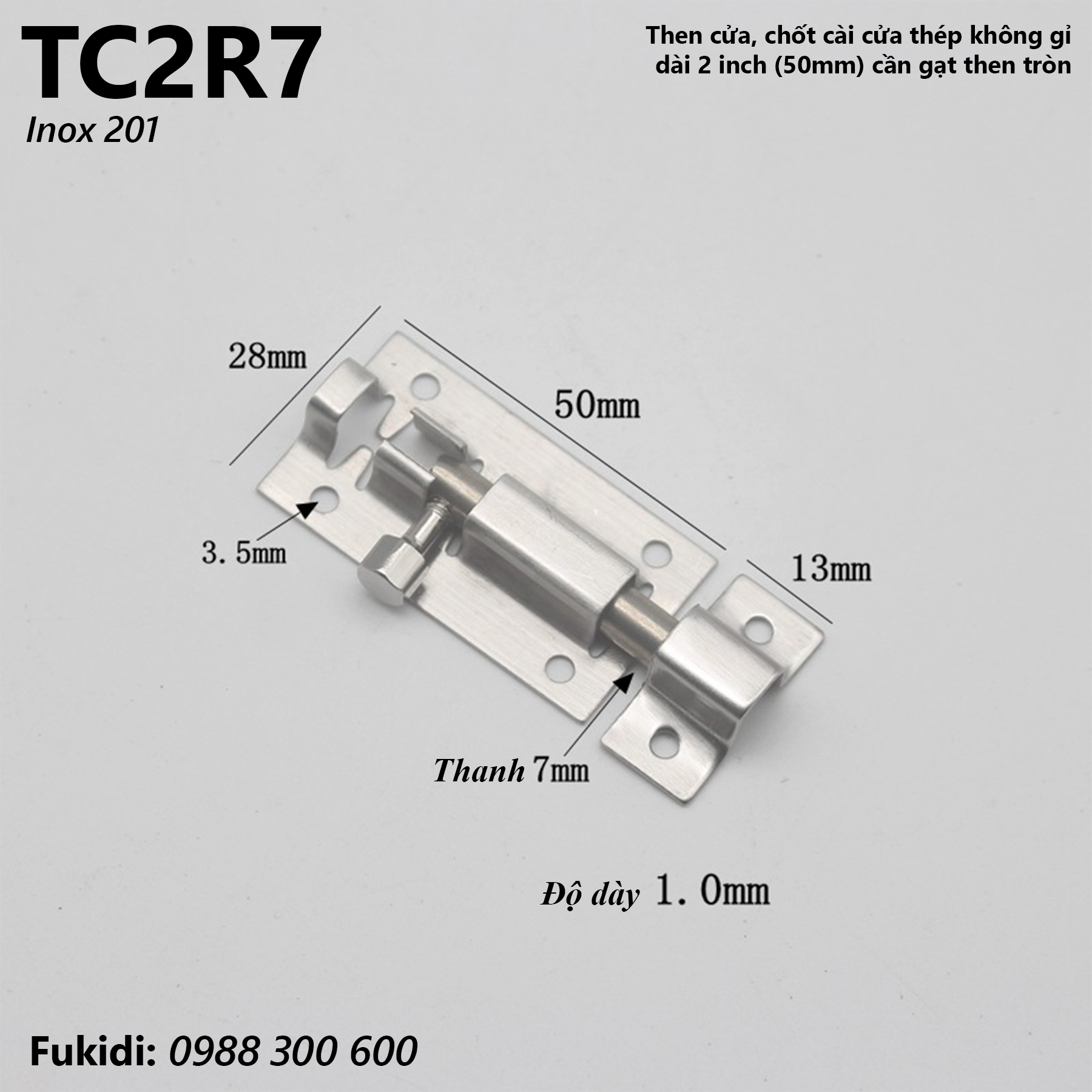 Then cửa, chốt gài cửa inox 201 dài 2 inch, cần gạt then tròn phi 7mm - TC2R7