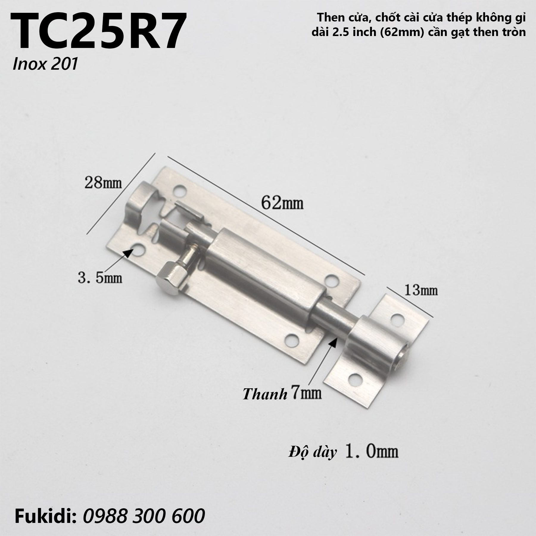 Then cửa, chốt gài cửa inox 201 dài 2.5 inch, cần gạt then tròn phi 7mm - TC25R7