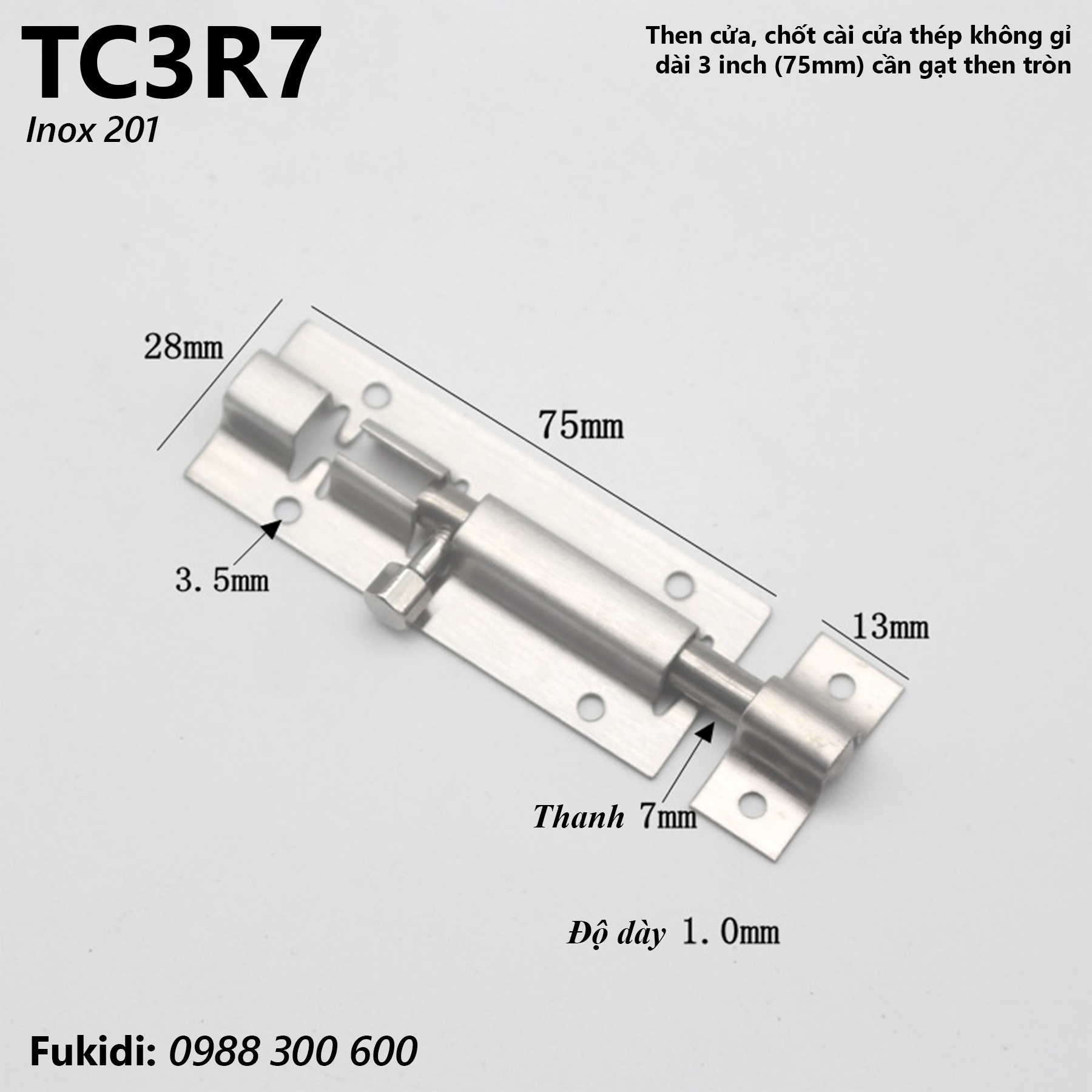 Then cửa, chốt gài cửa inox 201 dài 3 inch, cần gạt then tròn phi 7mm - TC3R7