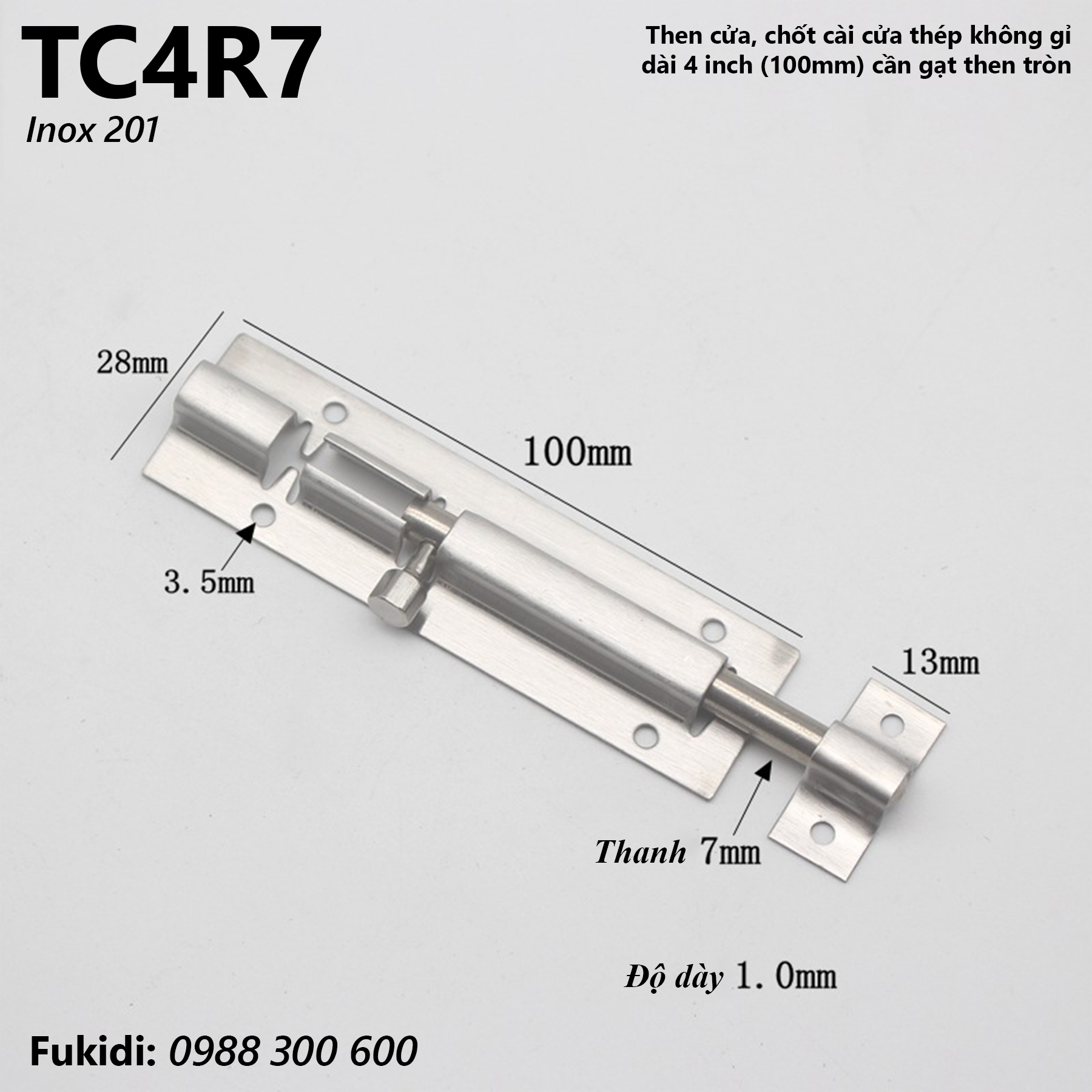 Then cửa, chốt gài cửa inox 201 dài 4 inch, cần gạt then tròn phi 7mm - TC4R7