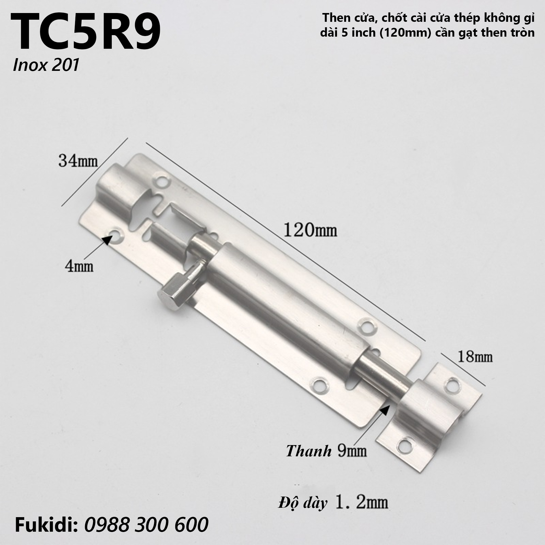 Then cửa, chốt gài cửa inox 201 dài 5 inch, cần gạt then tròn phi 9mm - TC5R9