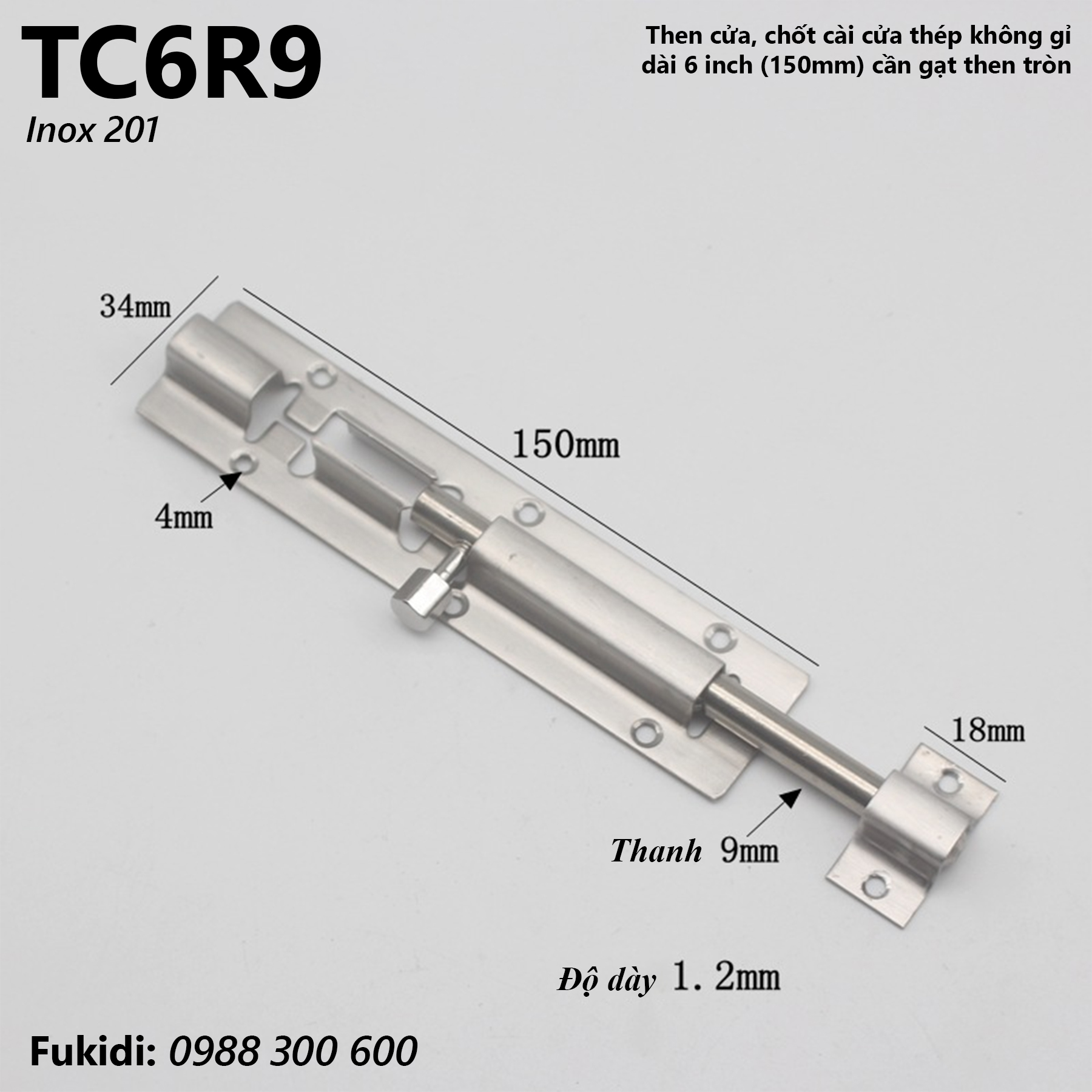 Then cửa, chốt gài cửa inox 201 dài 6 inch, cần gạt then tròn phi 9mm - TC6R9