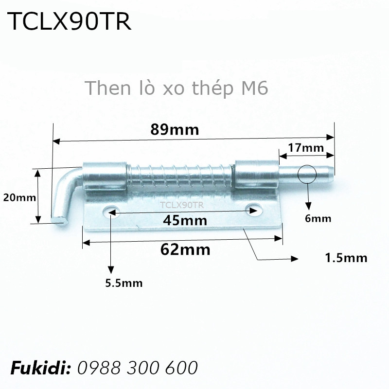 Chốt cửa lò xo thép mạ kẽm, M6 dài 89mm - TCLX90T