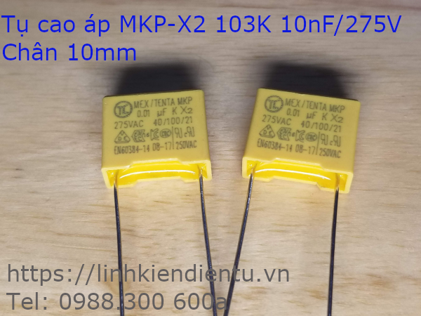 Tụ điện cao áp MKP-X2 103K 10nF/275V, chân cách nhau 10mm