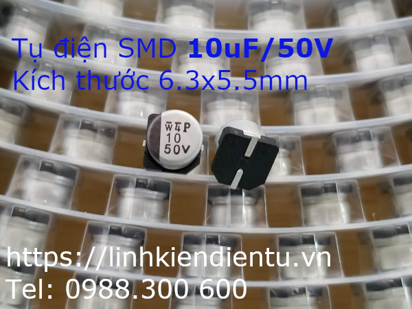 Tụ điện vỏ nhôm SMD 10uF/50V, 6.3x5.5mm