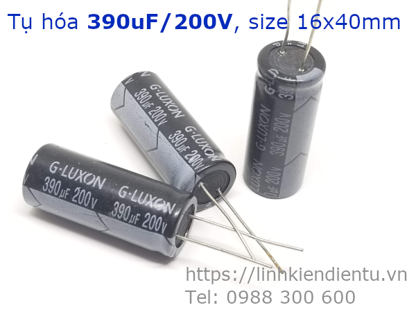 Tụ hóa 390uF/200V, size 16x40mm