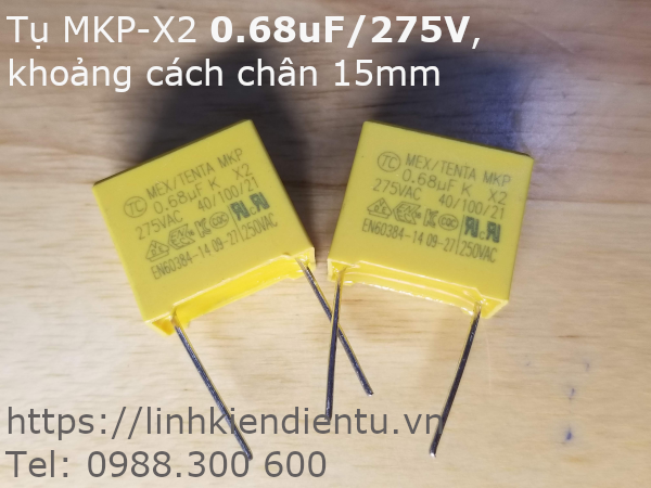 Tụ MKP-X2 0.68uF/275V 275v684k, chân cách nhau 15mm