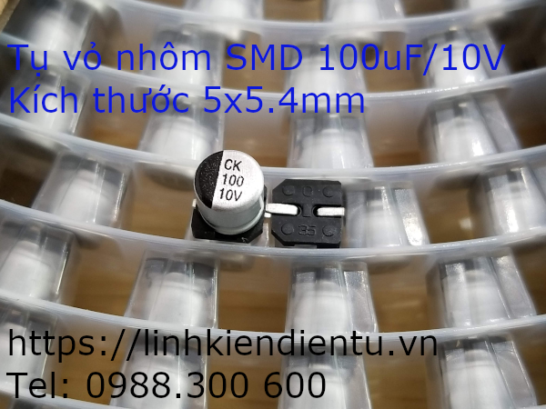 Tụ vỏ nhôm SMD 100uF/10V, kích thước 5x5.4mm