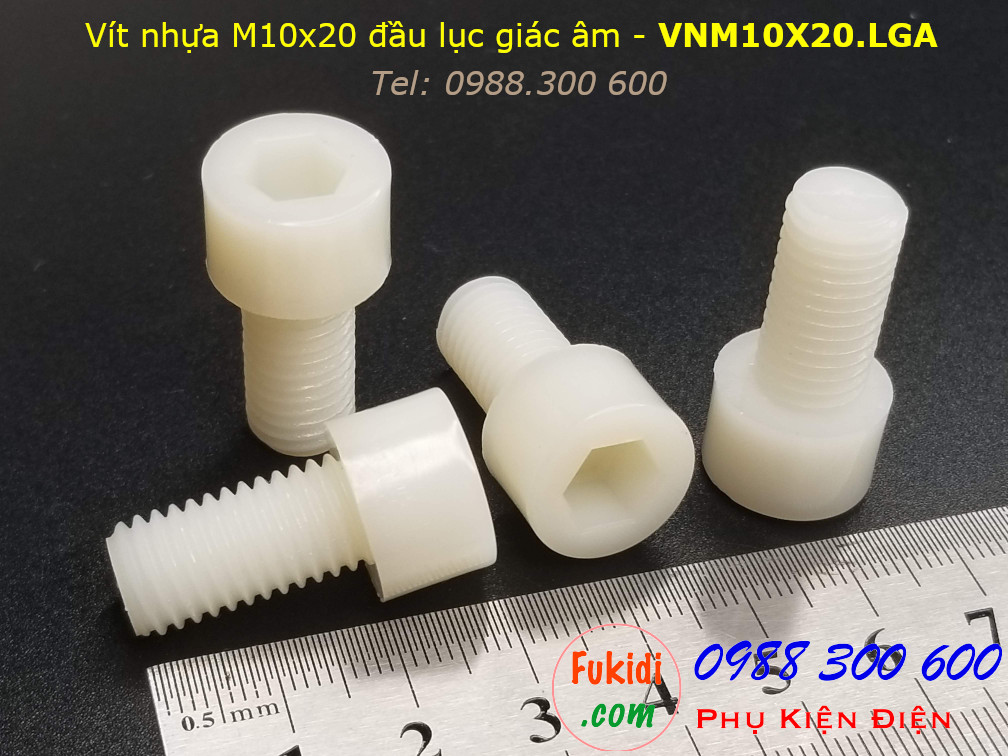 Vít nhựa M10 đầu lục giác âm M10x20 màu trắng - VNM10X20.LGA