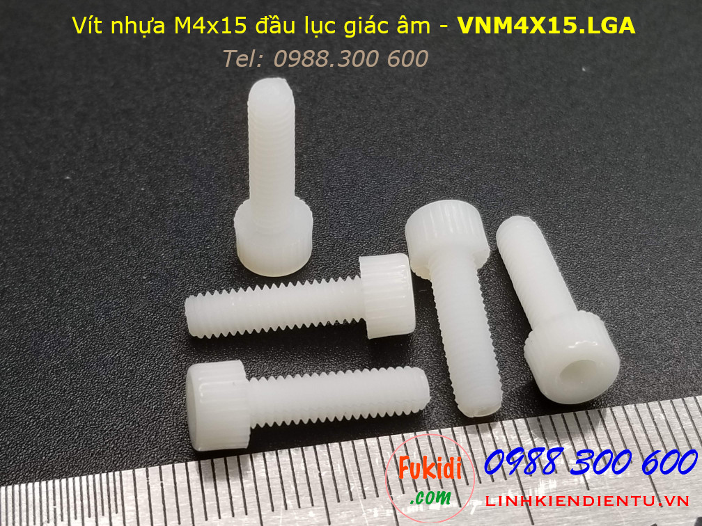 Vít nhựa M4 đầu lục giác âm dài 15mm M4x15mm màu trắng - VNM4x15.LGA