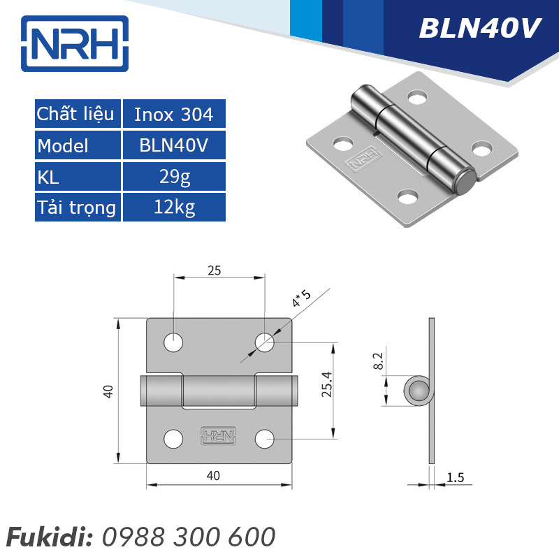 Bản lề tủ điện NRH su-304, KT 40x40 dày 1.5mm - BLN40V