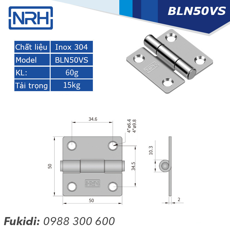 Bản lề tủ điện NRH inox 304, KT 50x50 dày 2mm - BLN50VS