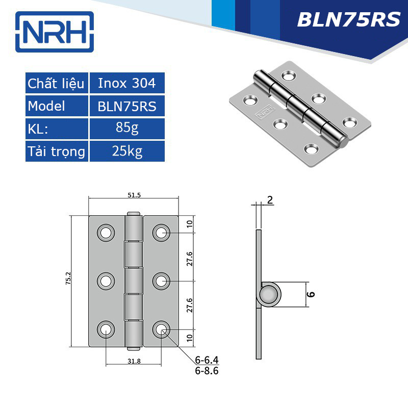 Bản lề tủ điện NRH inox 304, KT 50x75x2mm - BLN75RS