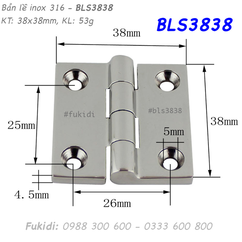 Bản lề inox 316 KT: 38x38, dày 4.5mm - BLS3838